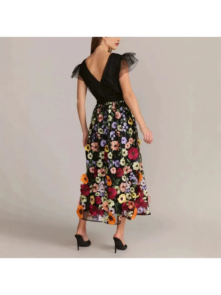 European and beautiful skirts, new embroidered floral skirts, three-dimensional floral mesh midi skirts