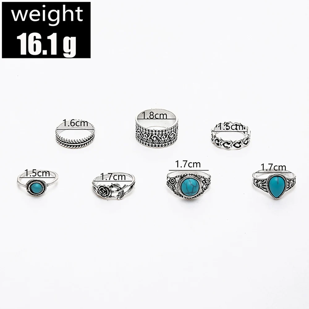 Bohemia Antique Silver Color Turquoise Heart Flower Rings Sets Knuckle Rings for Women Jewelry