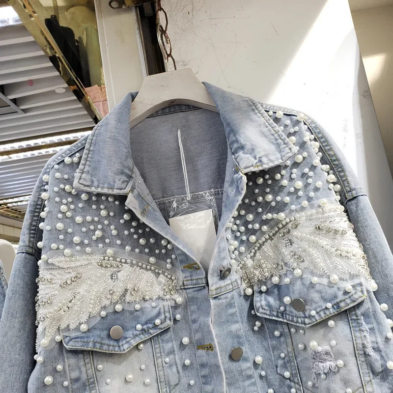

Korean Vintage Blue Beading Diamonds Denim Jacket Women Loose Big Pocket Lonng Sleeve Cowboy Outerwear Short Jeans Jacket Female