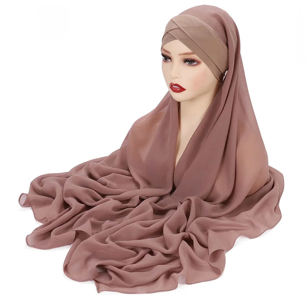 Instant Hijabs Chiffon Hijab Scarf With Cross Jersey Caps Bonnet Brand Design Muslim Scarf Women Islamic Underscarf