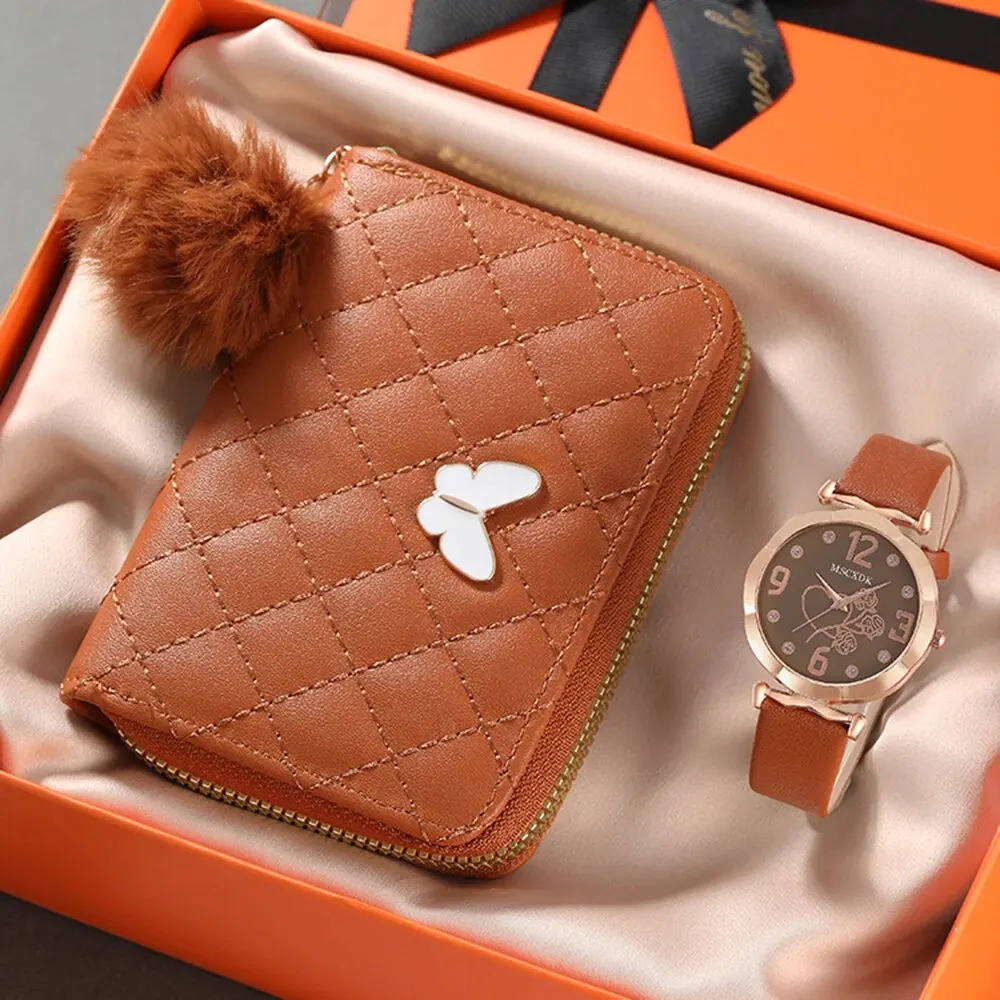 Female Fashion Watch Simple Leather Quartz Wristwatches Women Plush Ball Decoration Butterfly Wallet Set Clock Montre Femme