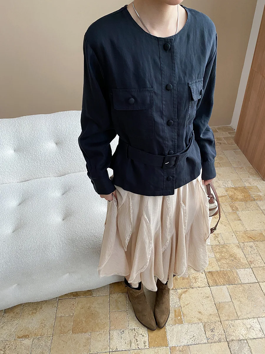 

Женская повседневная однотонная куртка с круглым вырезом и длинными рукавами, карманным поясом, украшением, утягивающая талия