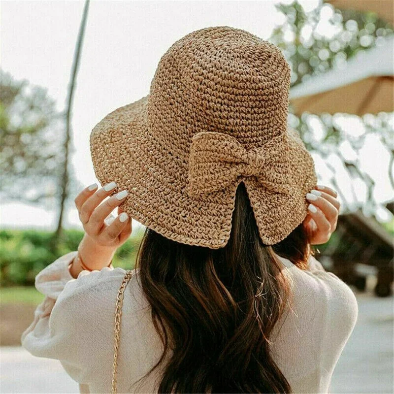 Simple Foldable Wide Brim Floppy Girls Straw Hat Sun Hats Beach Women Summer Hat UV Protect Travel Cap Lady Caps Female