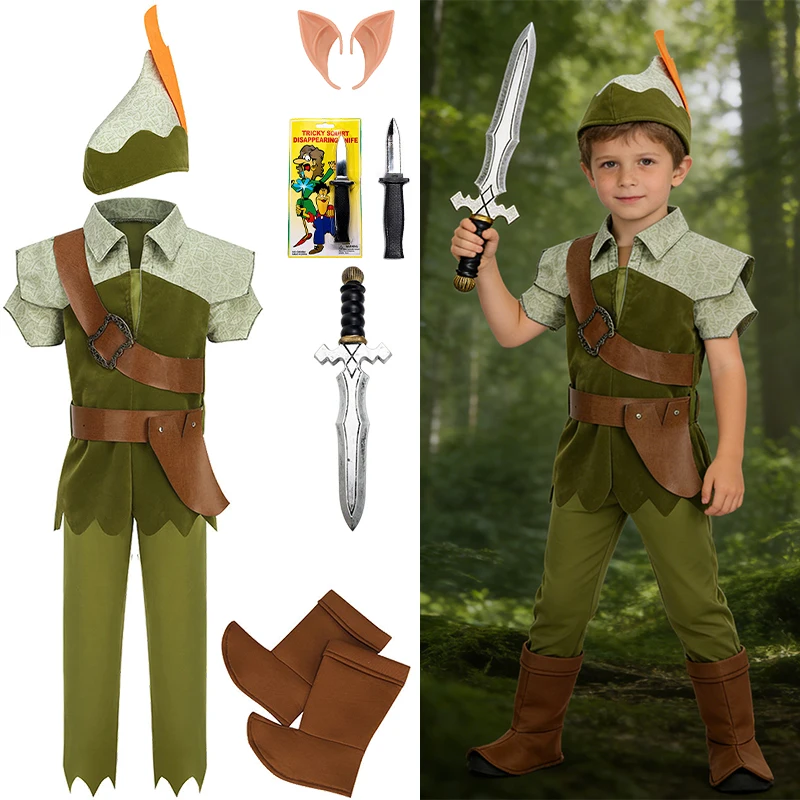 Deluxe Forest Warrior Elf Peter Pan Boys Outfits Halloween Cosplay Adventure Children's Costume Fairy Tale Themed Kids Clothes