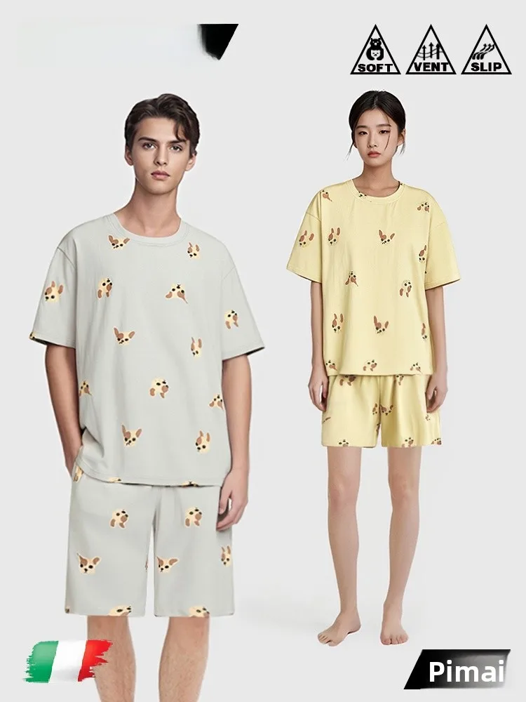 PinkBread Lycra Cotton round Neck Couple Style Summer Home Clothes Sleepwear Set Comfortable Soft Cartoon Print Short Sleeve