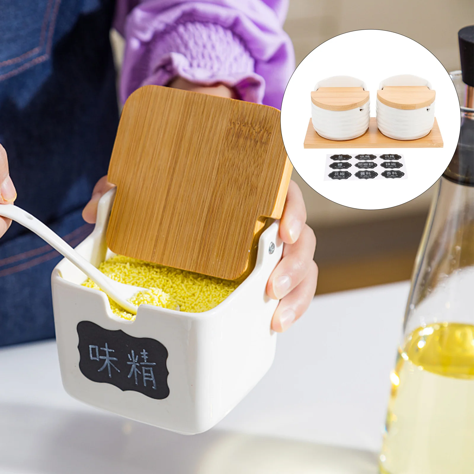 

Ceramic Spice Jars Kitchen Condiment Containers Seasoning Storage Pots Wood Material Corrosion Resistant High Temperature Easy
