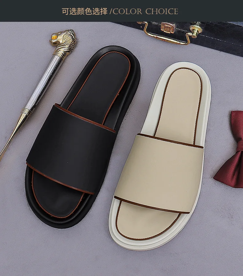 Men Genuine Leather Slide Slippers Brown Contrast Edge Wide Single Strap Slip On Open Toe Sandal for Casual Daily Indoor Outdoor