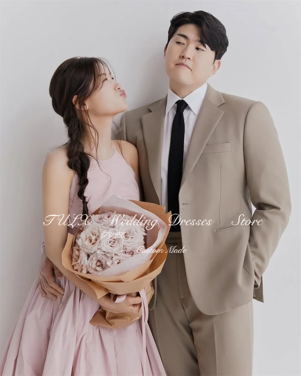 TULX-vestido de noche de tafetán rosa de hadas, vestido de novia coreano, sesión de fotos, cuello redondo, sin mangas, línea A, vestido de fiesta largo personalizado 2025