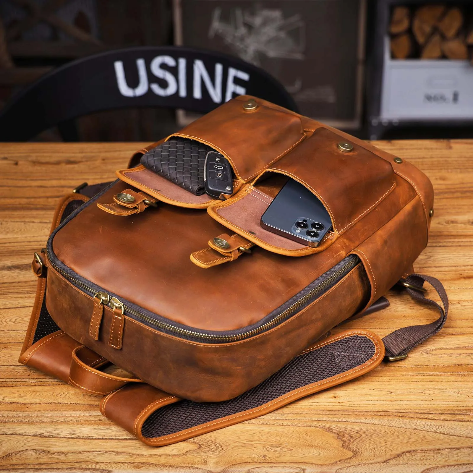 S.WORKER Vintage Echtleder-Rucksack 16" Laptop-Tasche Lässige Crazy-Horse-Leder-Schultasche Outdoor-Reise-Weekender-Tasche – Detail 8