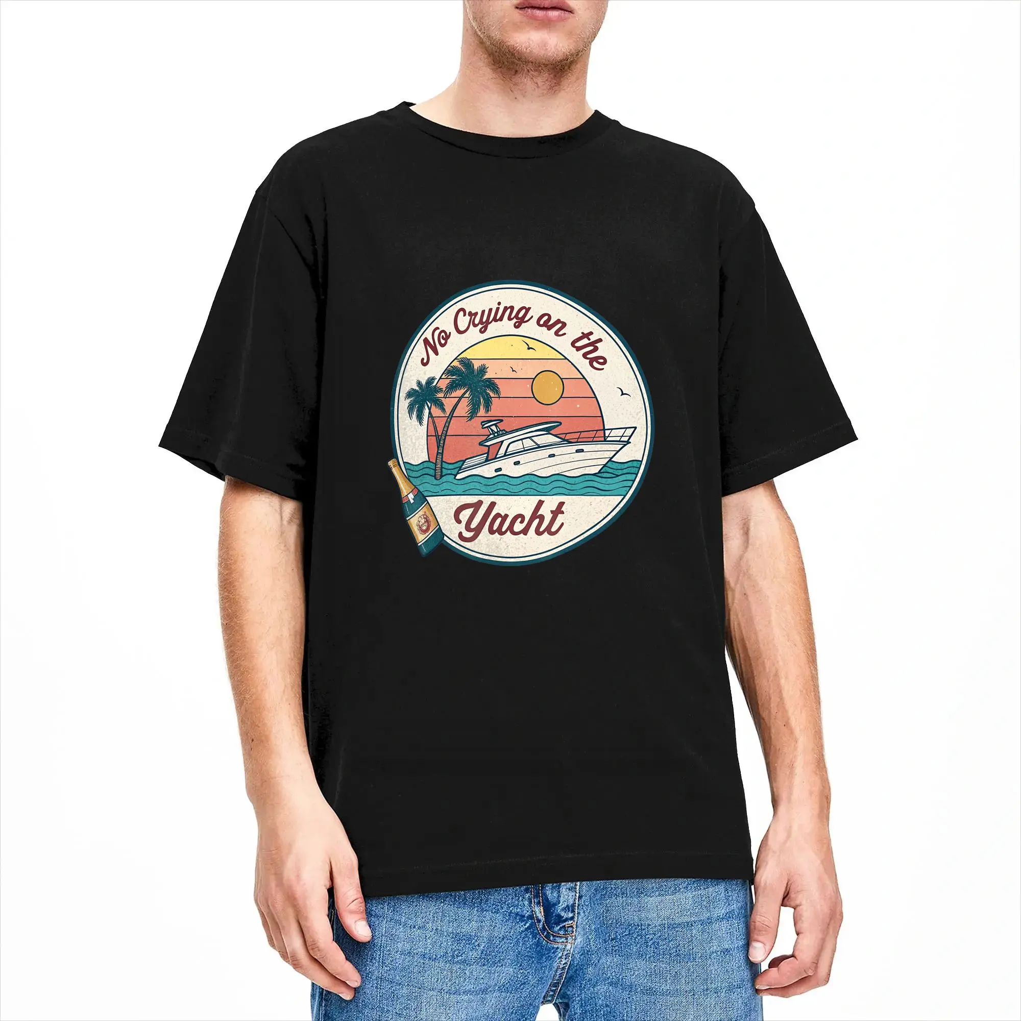 No Crying on the Yacht Sunset Champagne Scene T-Shirt Summer  Harajuku T-Shirts 100% Cotton O-Neck Plus Size Clothing
