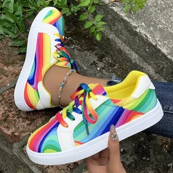 Rainbow Colors Lace Up Flats Sneakers Women 2025 Autumn Brand Non Slip Vulcanized Shoes Woman Comfort Sports Shoes Plus Size 43