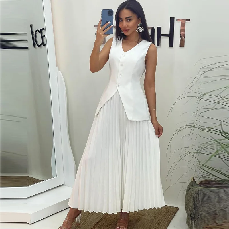 

Spot set Summer sleeveless vest solid color pendulum pleated skirt women's two-piece set