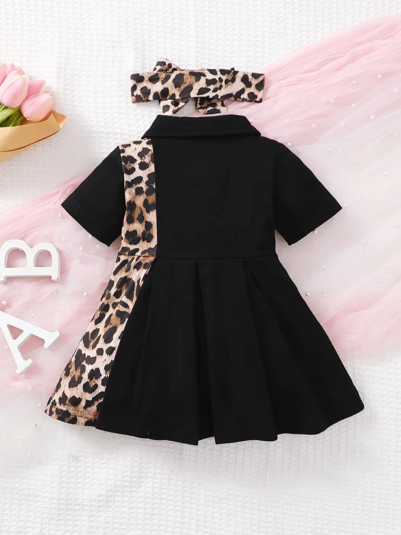 0-3 Year Old Newborn Baby Girls Summer Short Sleeved Lapel Black Leopard Print Cute Fashion Pleated Dress