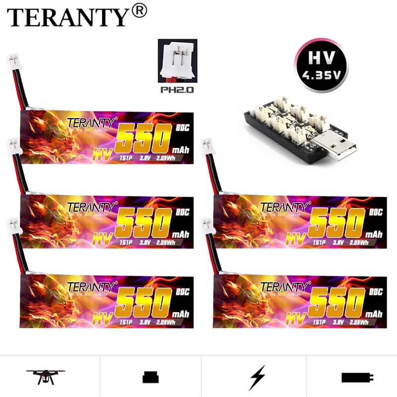 Treanty แบตเตอรี่1S 550mAh 3.8V 80C/160C 4.35V HV Lipo + PH2.0ชาร์จสำหรับ tinyhawk Snapper7 E010 M80S Tiny7โดรน Beta85