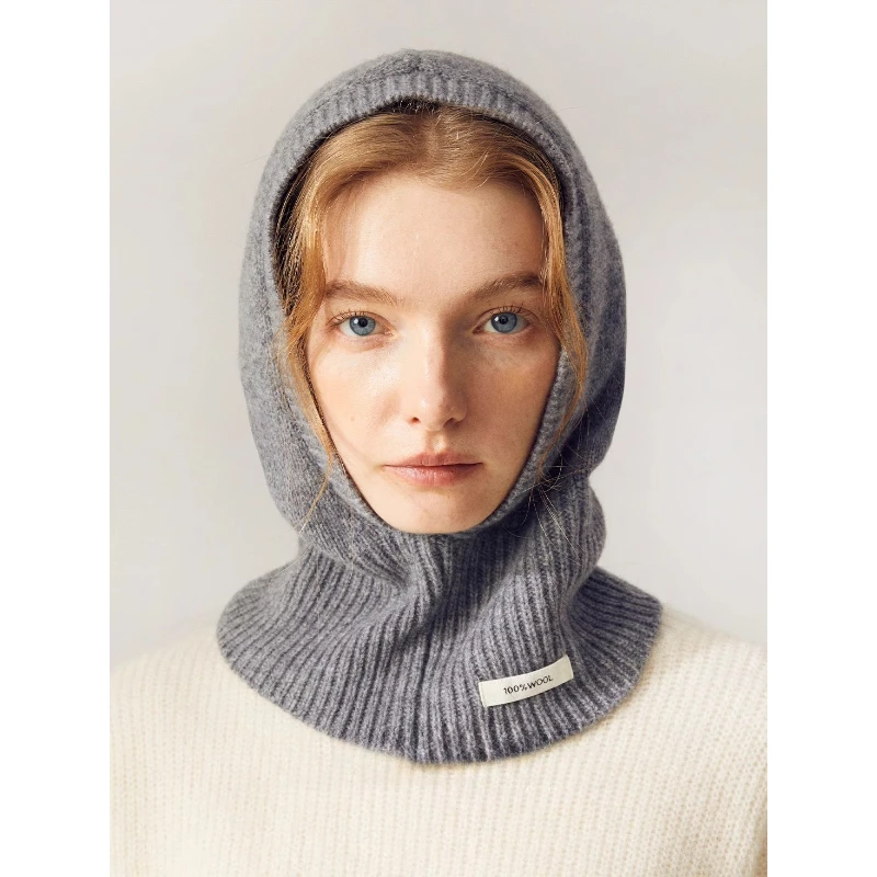 100% Wool Knitted Hooded Caps Winter Balaclava Hats for Women Korean Outdoor Warmer Soft Cashmere Men Neck Collar Beanies Cap