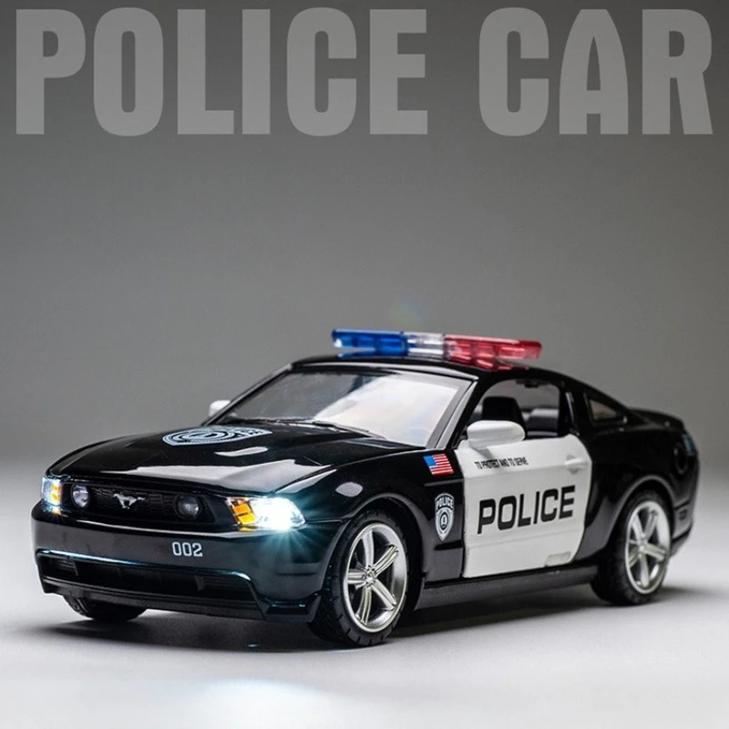 시뮬레이션 1:32 스케일 포드 머스탱 GT 경찰차 합금 모델 사운드 및 라이트 풀백 다이캐스트 장난감 자동차 어린이 소년 선물
