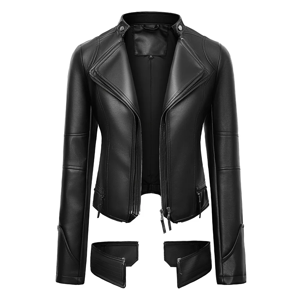 2026 new black women's PU leather jacket 2-in-1 motorcycle jacket retro zipper detachable jacket punk women's leather jacket