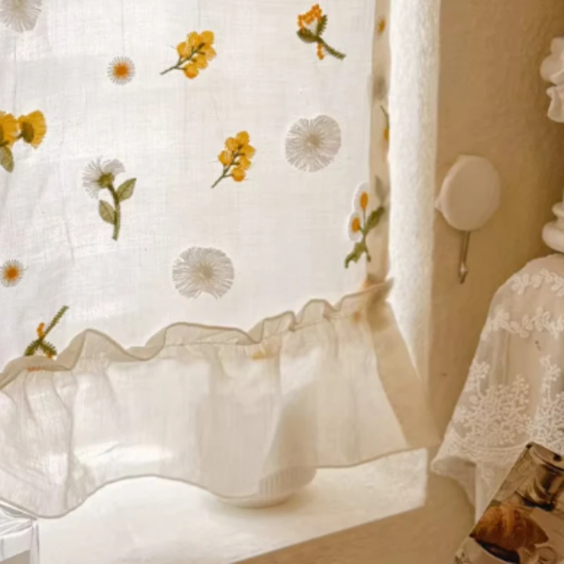 Custom Size Beige Small Daisy Floral Half‑Short Drape Light‑impermeable Gauze Window Decor for Living Dining Room Home Decor