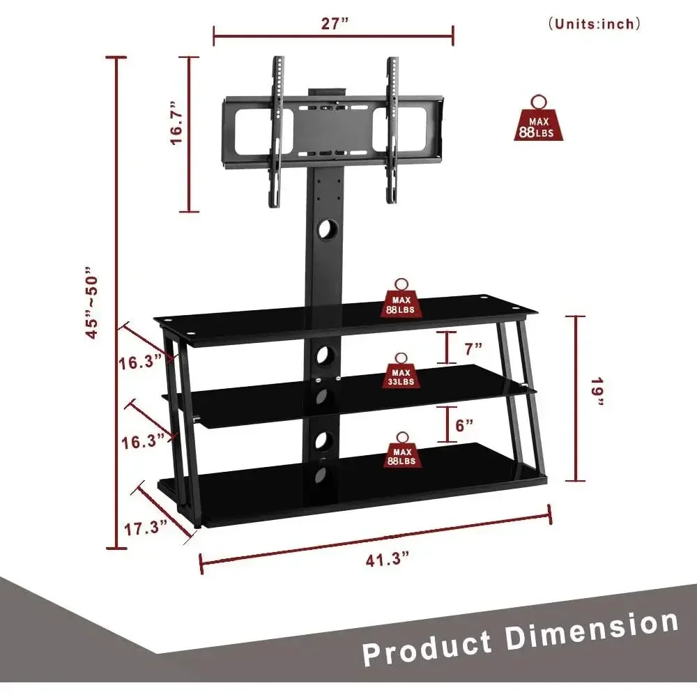 3-Tier Swivel TV Stand with Height Adjustment for 32-65 Inch Flat or Curved Screens, Black Tempered Glass Entertainment Center