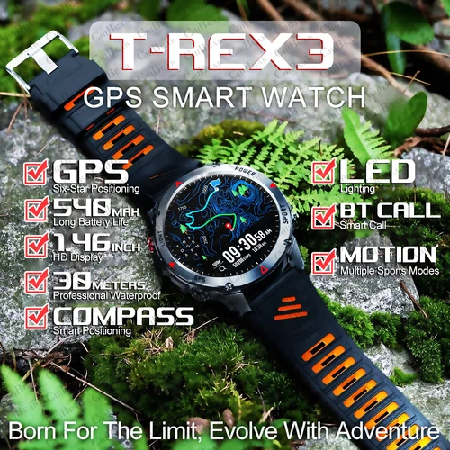 Imagen 1 del producto T-Rex 3 reloj inteligente GPS de doble banda incorporado para hombres reloj inteligente brújula altímetro barométrico 5ATM IP69K impermeable AMOLED HD relojes