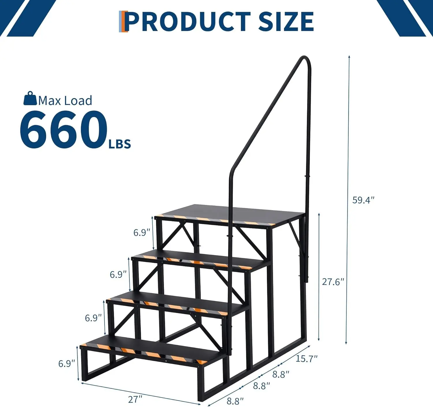 سلالم RV ذات 4 خطوات مع درابزين وأشرطة غير قابلة للانزلاق، سلم محمول خارجي لمقطورات العجلات الخامسة، ومعسكر السفر، وأحواض ساخنة #6