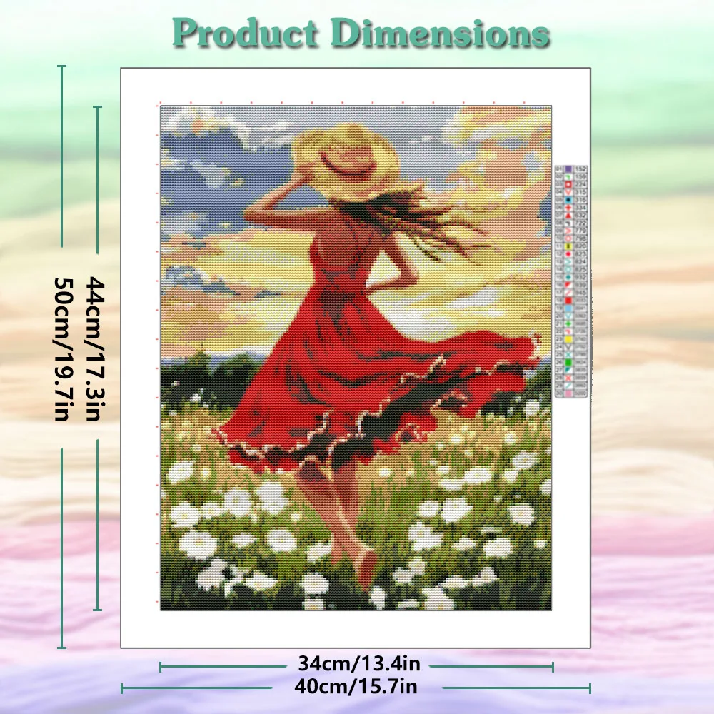 11CT Red Skirt Straw Hat Girl Daisy Stitch Portrait Theme Canvas Embroidery Kit New Arrival Decor for Home Living Room Decor view 2