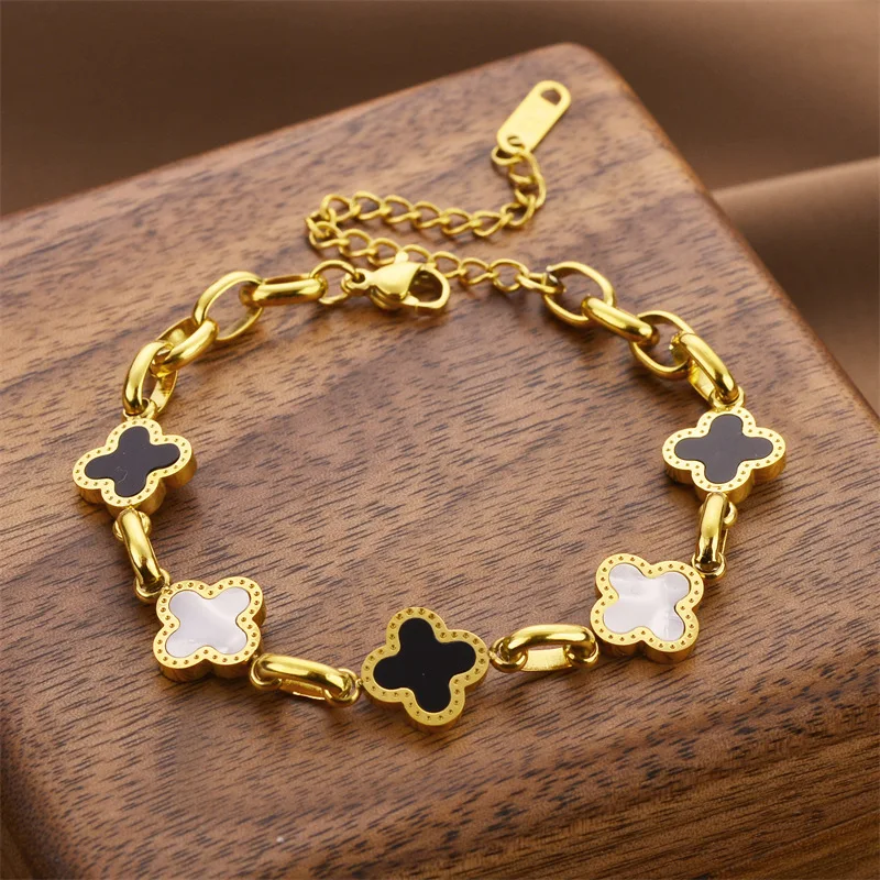 Pulseira Feminina de Aço Titânio com Trevo de Quatro Folhas, Ajustável, Não Mancha, Amuleto da Sorte, Presente para Namorada