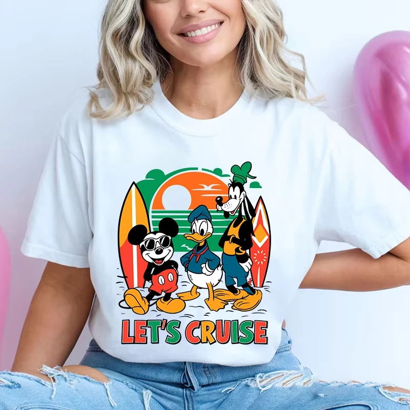 Disney Summer Vibes Lets Cruise Trip Printed Women's Cartoon T-Shirt Pure Cotton Short Sleeve Casual Top Harajuku Clothing