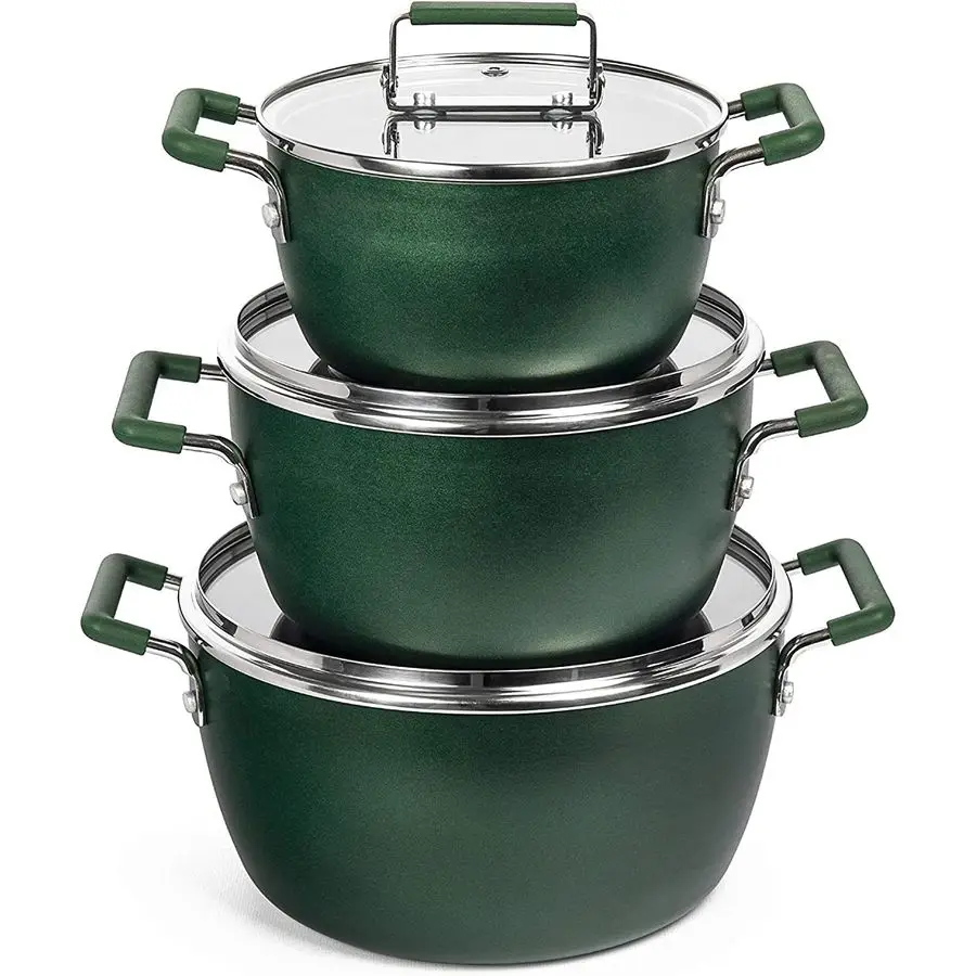 

Green Pots and Pans Set Nonstick, 6 Stackable Piece Cooking Pots Set, Kitchen Pots, Non Stick Coating, 5qt 3qt amp 1.5qt Pots wi