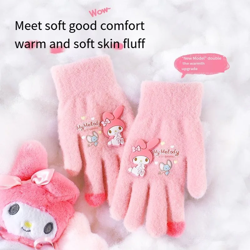 Kawaii Anime Sanrios Kids Gloves Melody Kuromi Pochacco Boy Girl Warm Thickened Five-Finger Plush Gloves Student Antifreeze Gift