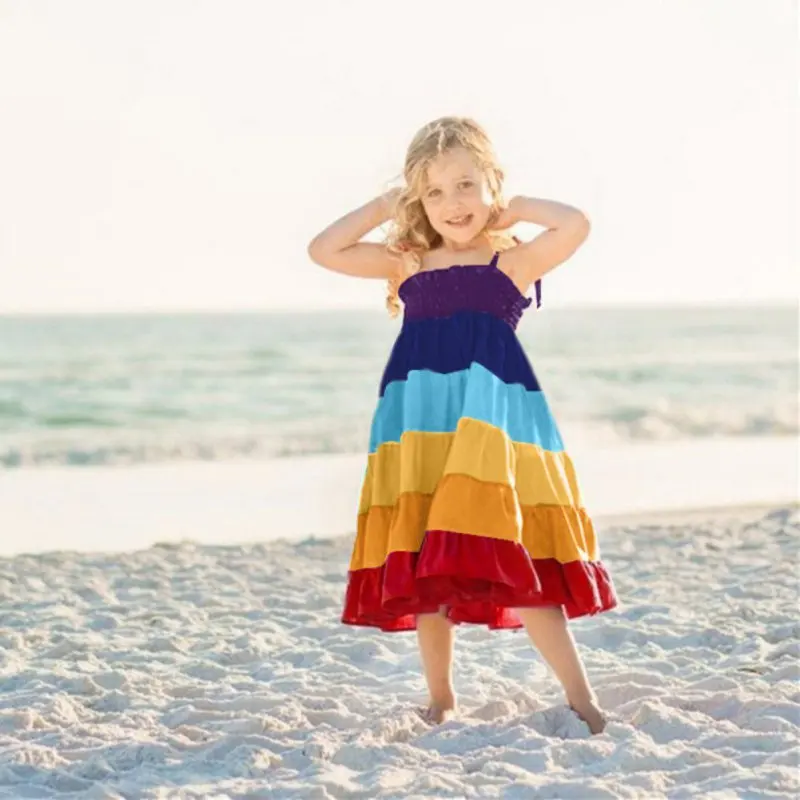 Rainbow Family Matching Outfits Rainbow Striped Halter Dress Parent-child Clothing Sleeveless Mom Baby Beach Style Casual Dress