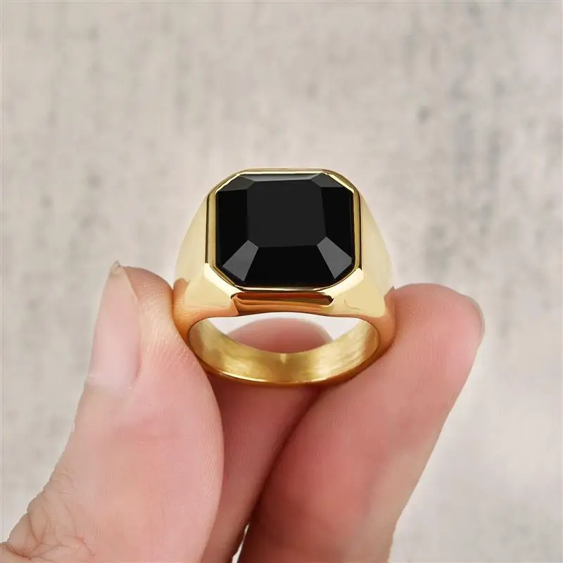 New Male Punk Rock Black Stone Stainless Steel Cubic Zircon Ring For Men Hip Hop Party Male Wedding Jewelry