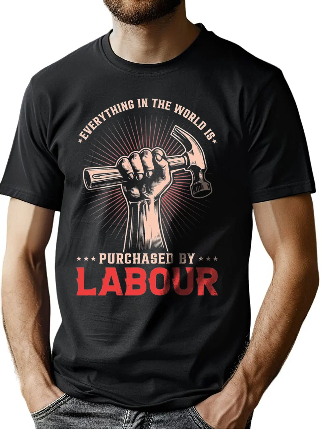 

Men's Premium Cotton Crew Neck Tee With "Everything Purchased By Labour" Motivational Print, Soft Casual Shirt For Outdoor Wear,