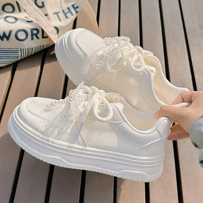 

Women's Sneakers 2025 Summer New Pearl Hollow Out Mesh Breathable Thick Sole Casual Sports Shoes Versatile Campus Style