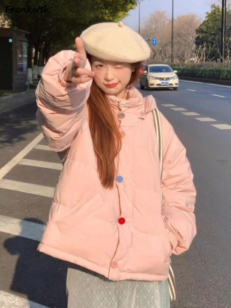 Hooded Parkas Women Sweet Colorful Button Design Warm Thicker Winter Coats Aesthetic Students Tender Korean Fashion All-match