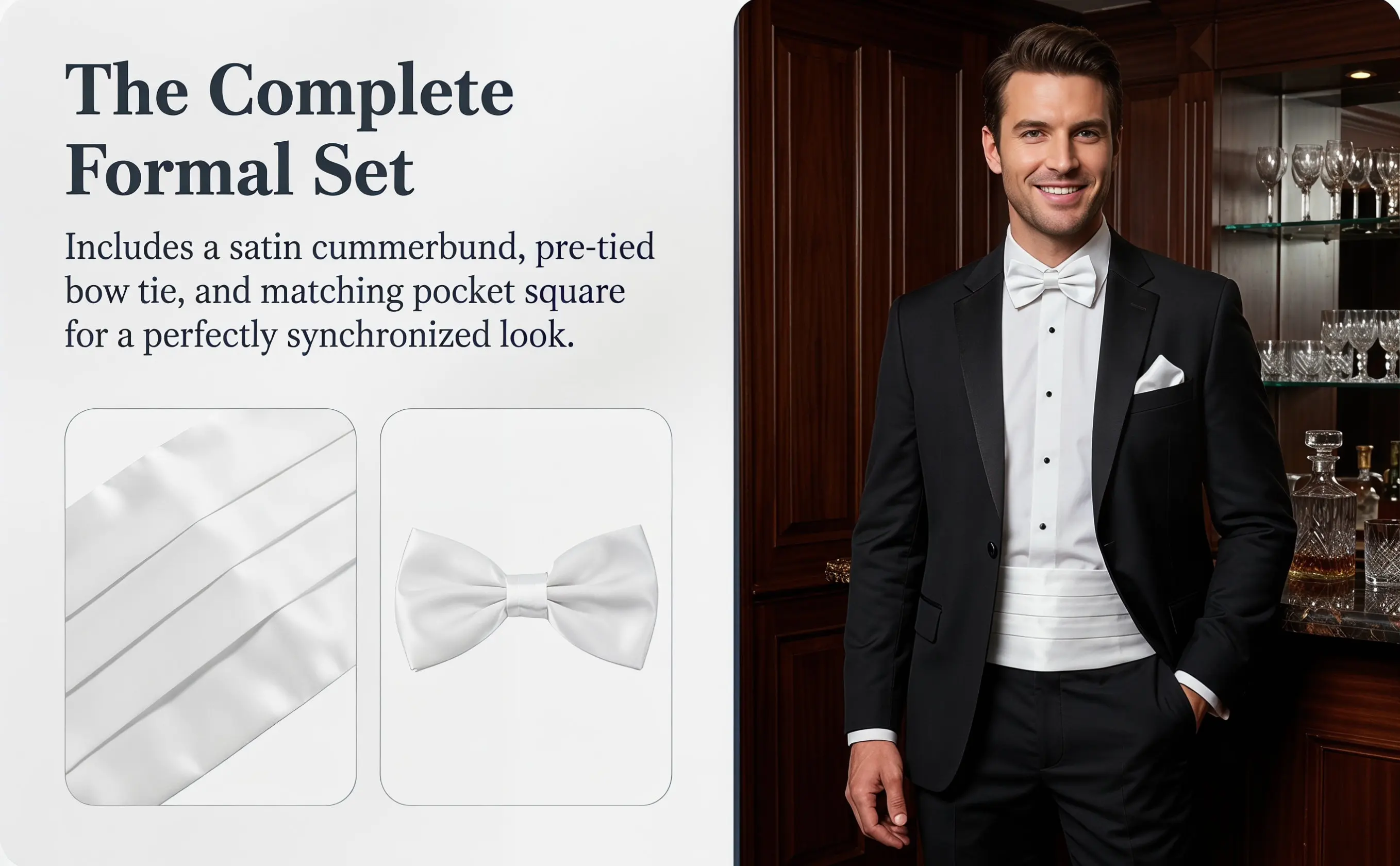 1Set Formal Men's Bow Tie Cummerbund Pocket Square Set Satin Finish Elegant Minimalist Tuxedo Outfit for Wedding Party Ceremony