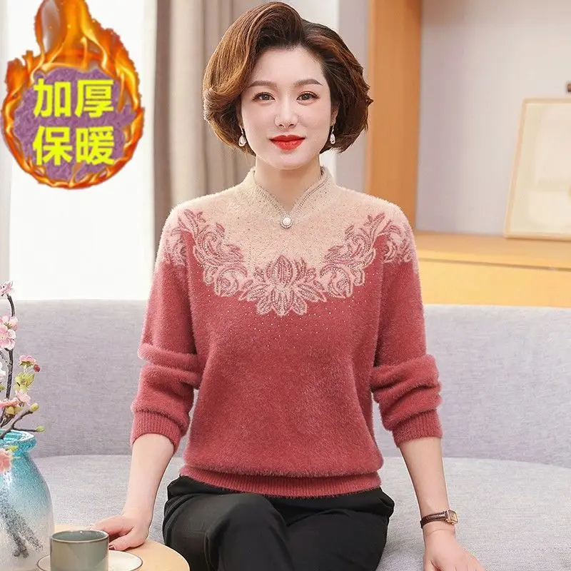 

Женский пуловер из флока с длинными рукавами и геометрическим узором, контрастный горячий бриллиант, круглый вырез, модный и элегантный пуловер, топ