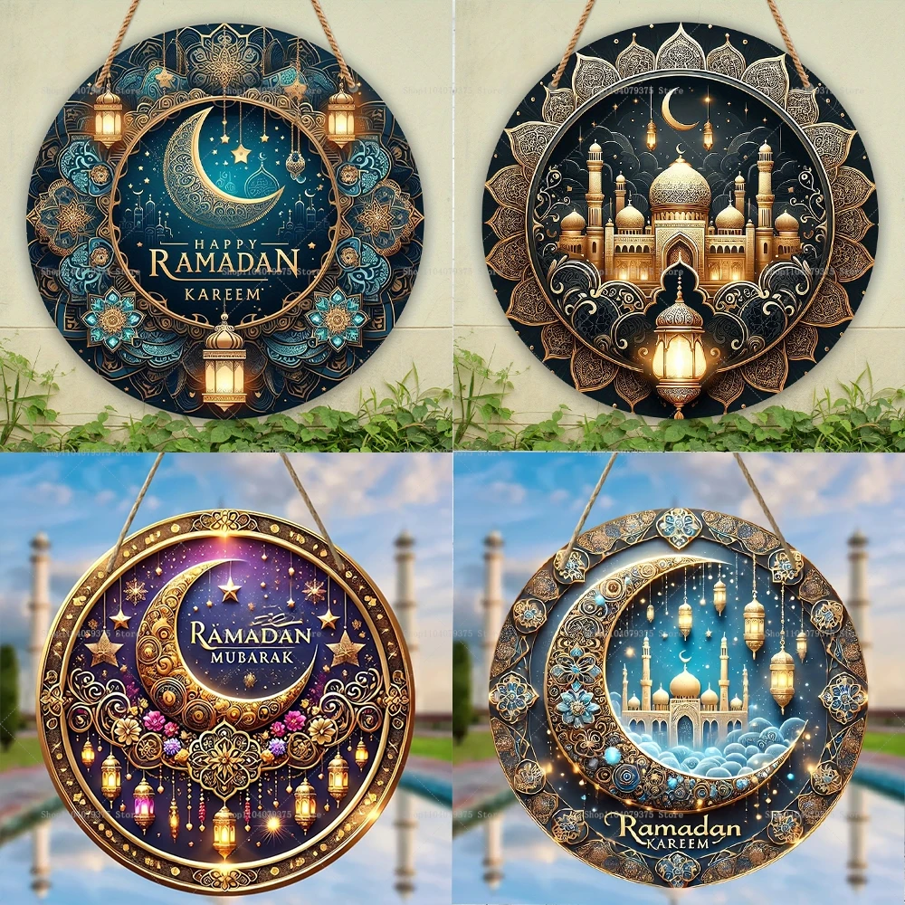 Ramadan Mubarak Party Moon Star Ornaments Eid Al-Adha Hanging Round Wooden Board Ornaments Suitable For Islamic Muslim Parties