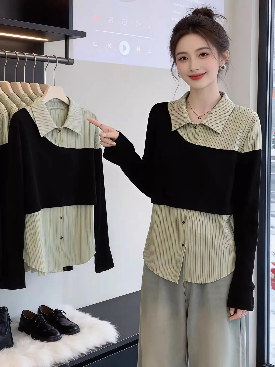 

plus Size Striped Long Sleeve Shirt Women's Unique Loose Fit Top Korean Style Commute Fashion Spring 2026 Slimming Effect