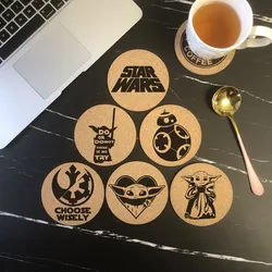 Fashion Round Cork Coaster Engraved Star Wars Yoda Coffee Mug Drinks Holder for Kitchen Natural Wooden Mat Tableware