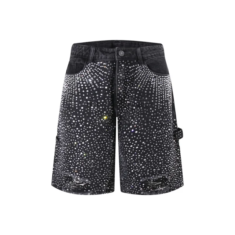

Street hip-hop rhinestone print design, high-end denim shorts, men's loose straight leg loose five quarter pants