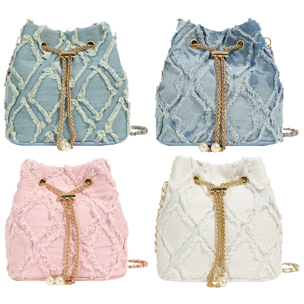 

Denim Crossbody Bag Diamond Pattern Women Shoulder Bag Drawstring Handbag Adjustable Strap Travel Bag