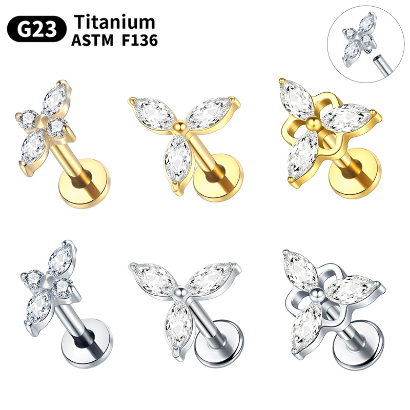 

Titanium Flat Back Earrings Tragus Piercing Jewelry Cubic Zirconia Conch Cartilage Women Helix Men Internally Threaded Earrings