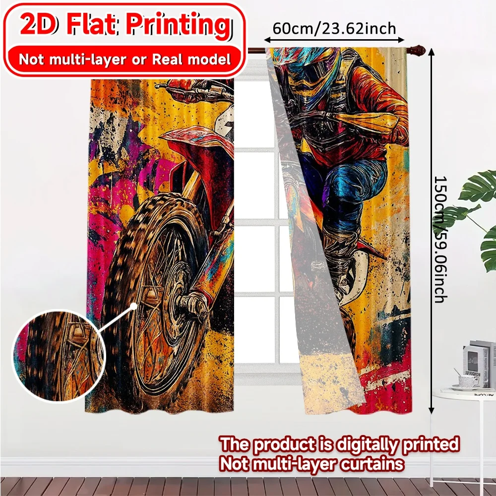 2D Flat Printing,2pcs Dynamic Rider Chic Curtains Polyester Easy Install Curtains Home Decor Perfect for digital printing living