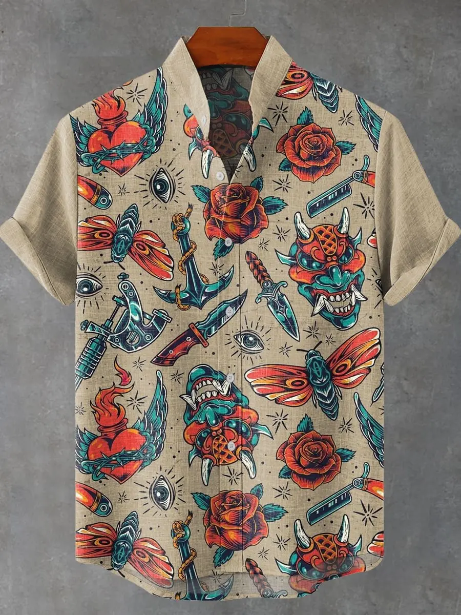 

New Men's Short Sleeve Shirt Summer Style Floral Print Art Cat Pattern Vintage Short Sleeve Casual Shirt