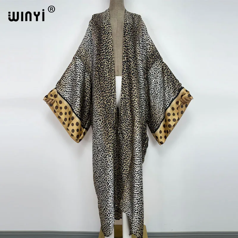 2022 WINYI Summer Beach Wear Swim Suit Cover up sweet lady boho Cardigan Leopard Print sexy Holiday long Sleeve Kimono kaftan