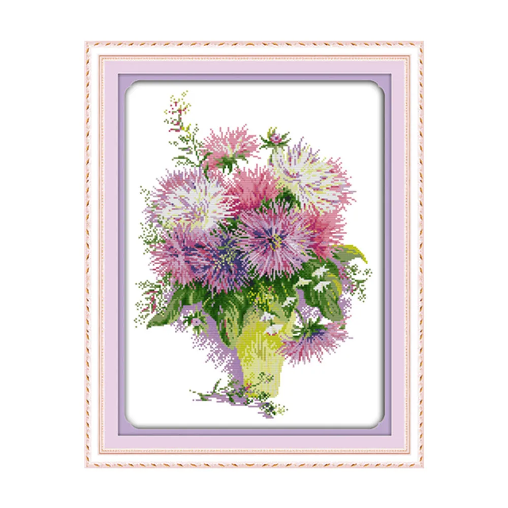 مجموعة غرز متقاطعة من Asters على شكل زهرة 14 قيراط 11 قيراط، خياطة قماشية مطبوعة، تطريز يدوي الصنع