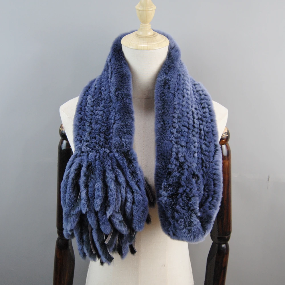 Moda Inverno Mulheres Mão De Malha Real Rex Rabbit Fur Scarf Shawl Natural Soft Rex Rabbit Fur Silenciador Lady Long Real Fur Scarves