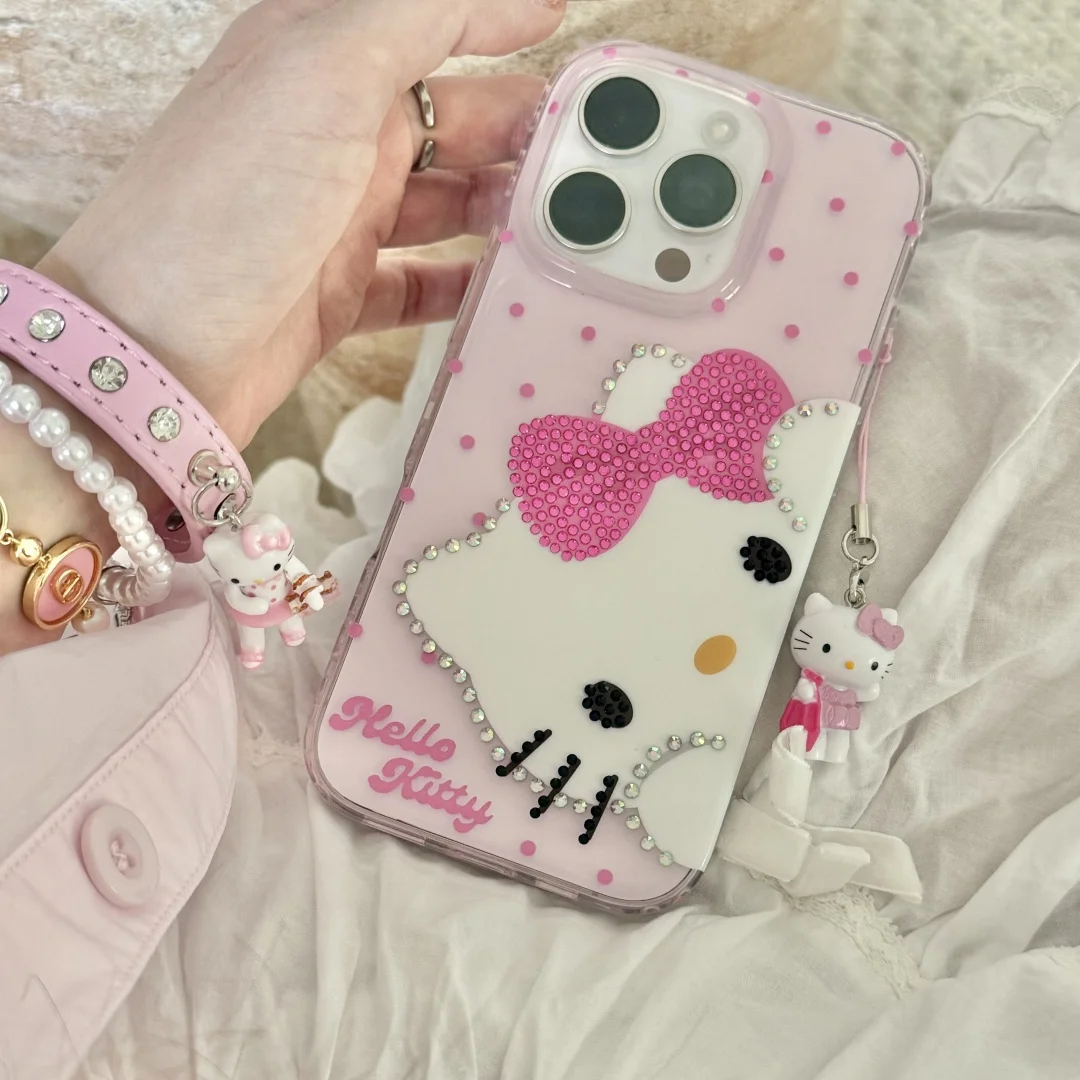 

Чехол для телефона в горошек со стразами и кристаллами Hello Kitty для iPhone 16, 12, 13, 14, 15 Pro Max, прозрачный чехол-бампер с подвеской
