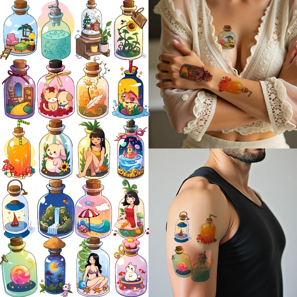 

28pcs Temporary Tattoo Decorative Stickers Waterproof Long-lasting Body Stickers Whimsical Bottles Cartoon For Children Boys